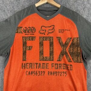 Fox Racing Shirt Mens Large Orange Gray Indicator MTB Cycling Jersey V-Neck